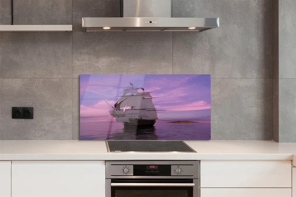 Szkło do Kuchni na Ścianę Statek pod Fioletowym Niebem
