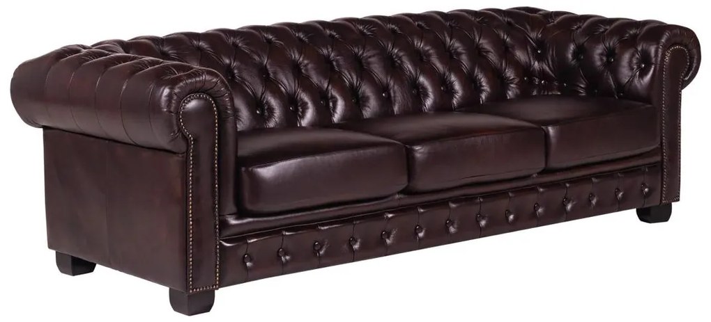 Kanapa 4-osobowa BRENTON w stylu chesterfield ze 100% bawolej skóry – kolor wiśniowy
