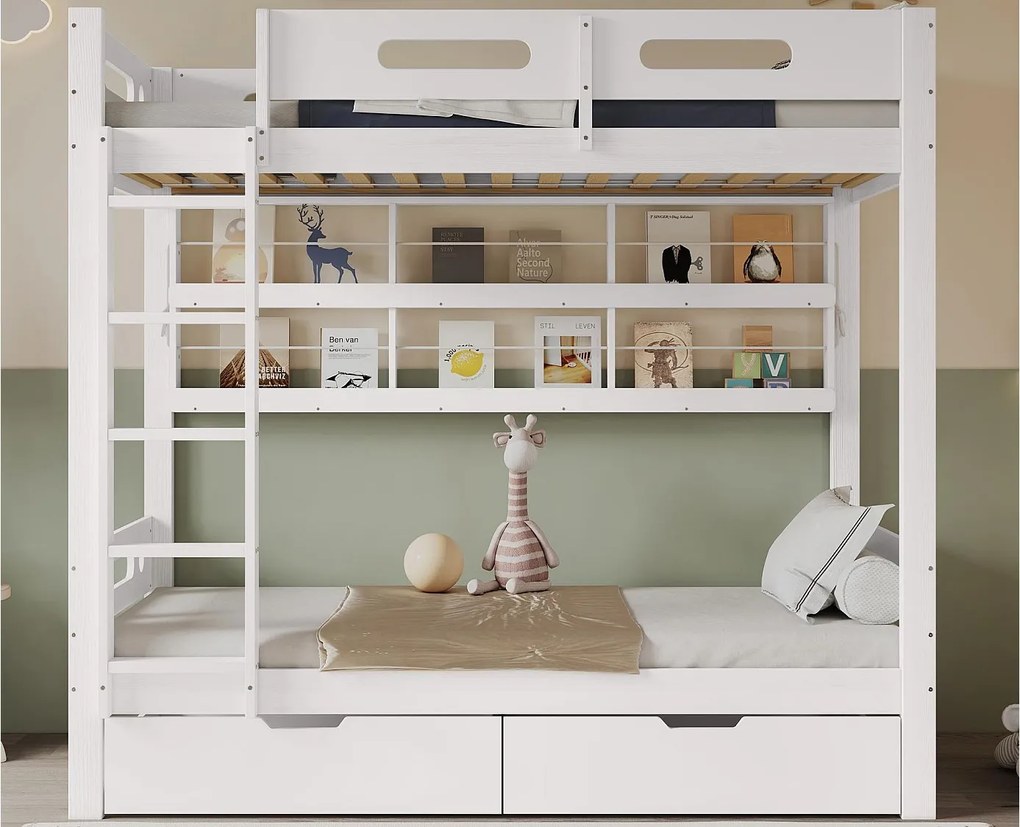 Łóżko piętrowe 90x200 cm - z 2 szufladami - z otwartymi półkami - Drewno lite + MDF - Białe (bez materaca)