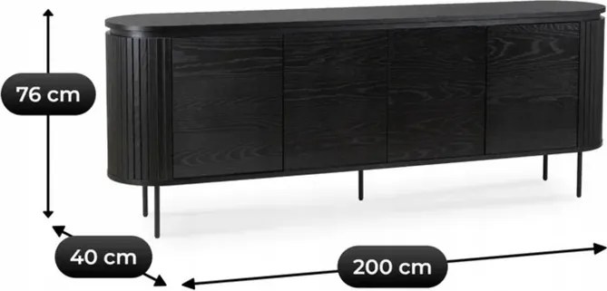 Komoda do Salonu BECK 200 cm Czarna Czterodrzwiowa Ryflowana Nowoczesna