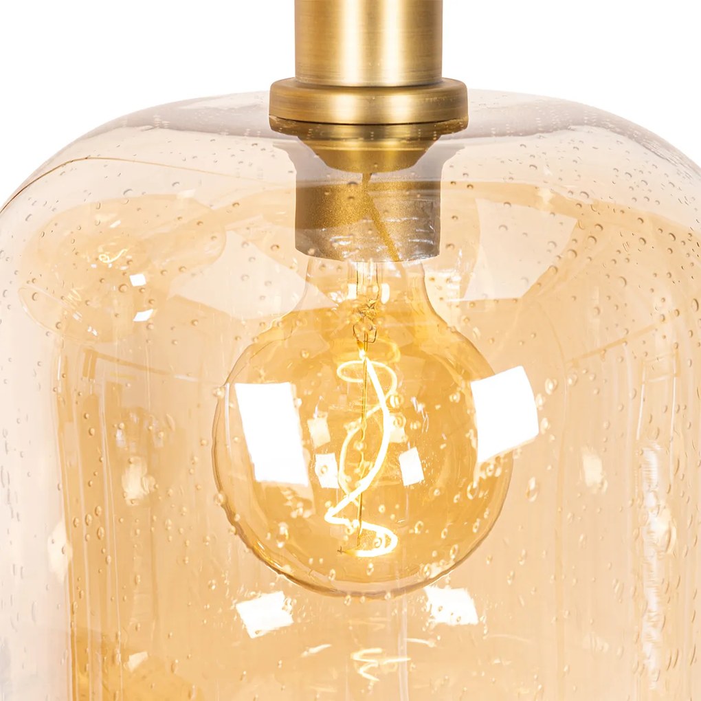 Designerska lampa wisząca czarna z mosiądzem i bursztynowym szkłem 3-światłowa - Zuzanna