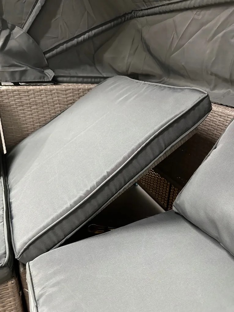 Wielofunkcyjny zestaw mebli ogrodowych - narożnik, leżanka z daszkiem Galicja 101 beż, poduszki szare