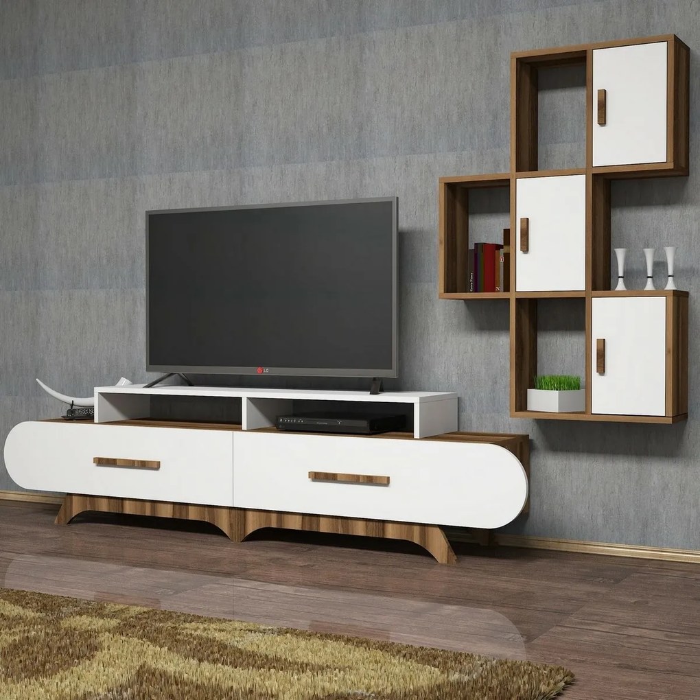 Stolik pod telewizor z szafką Flora S White and Walnut