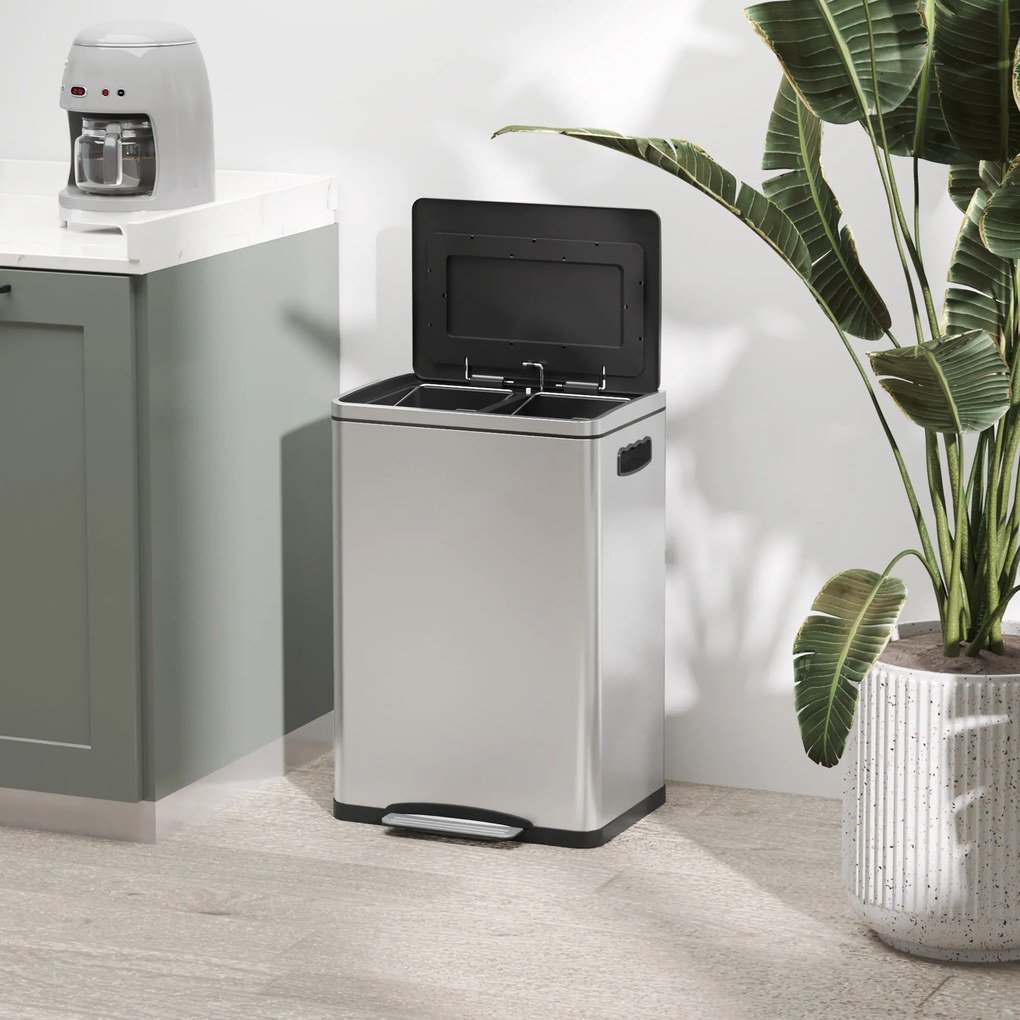 HOMCOM Kosz na śmieci z pokrywą i pedałem, Stal nierdzewna, Komory 2x20 L, Srebrny