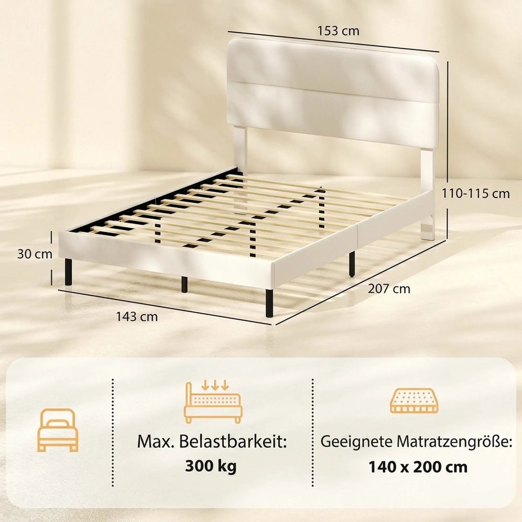 HOMCOM Rama łóżka 140 x 200 cm z regulowanym wezgłowiem, tapicerowane łóżko w wyglądzie lnu z 12 listwami ze sklejki, beżowy | Aosom PL