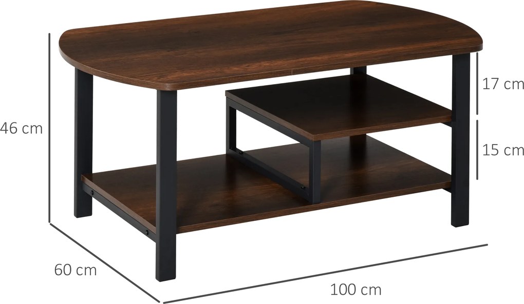 HOMCOM Stolik Kawowy Industrialny Brązowy z Półkami 100x60x46 cm Stylowy i Funkcjonalny | Aosom PL