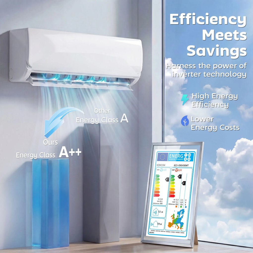 HOMCOM Klimatyzator mini-split 9000 BTU i pompa ciepła, klimatyzator inwerterowy z WiFi i zestawem instalacyjnym | Aosom PL
