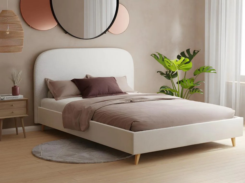 Łóżko 160 x 200 cm – Tkanina boucle – Ecru +Materac – SANTADI