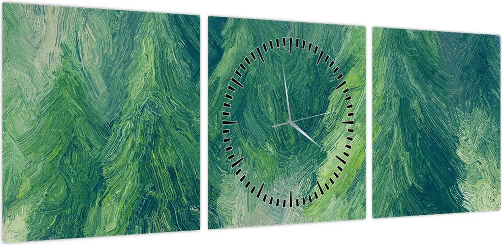 Obraz - Malowane drzewa iglaste (z zegarem) (90x30 cm)