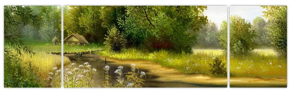 Obraz - Rzeka przy lesie, obraz olejny (170x50 cm)