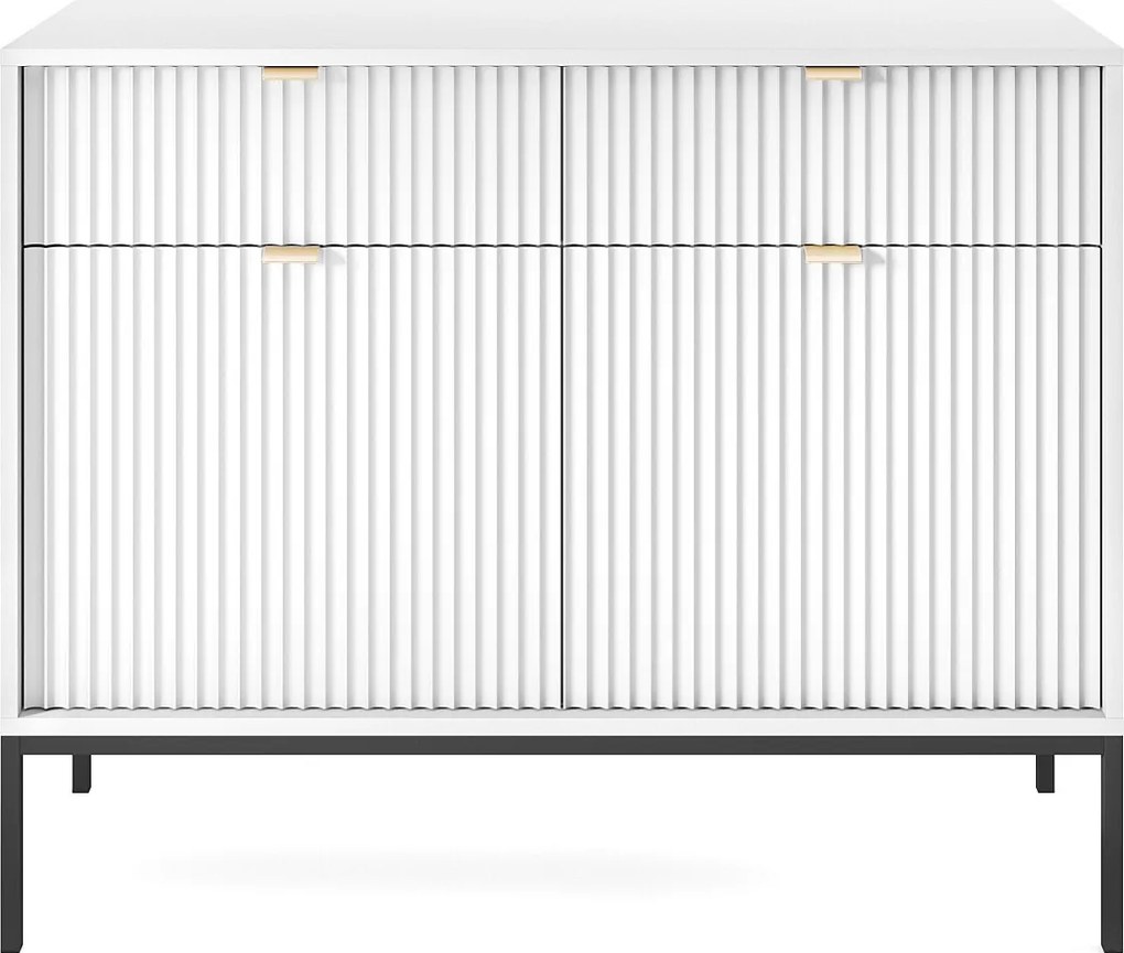 Komoda Design NOVA - Kolor: Biały, fasada Geriffelt, 2 drzwi, 2 szuflady, 83x104x39cm, czarne metalowe nogi, mebel uniwersalny
