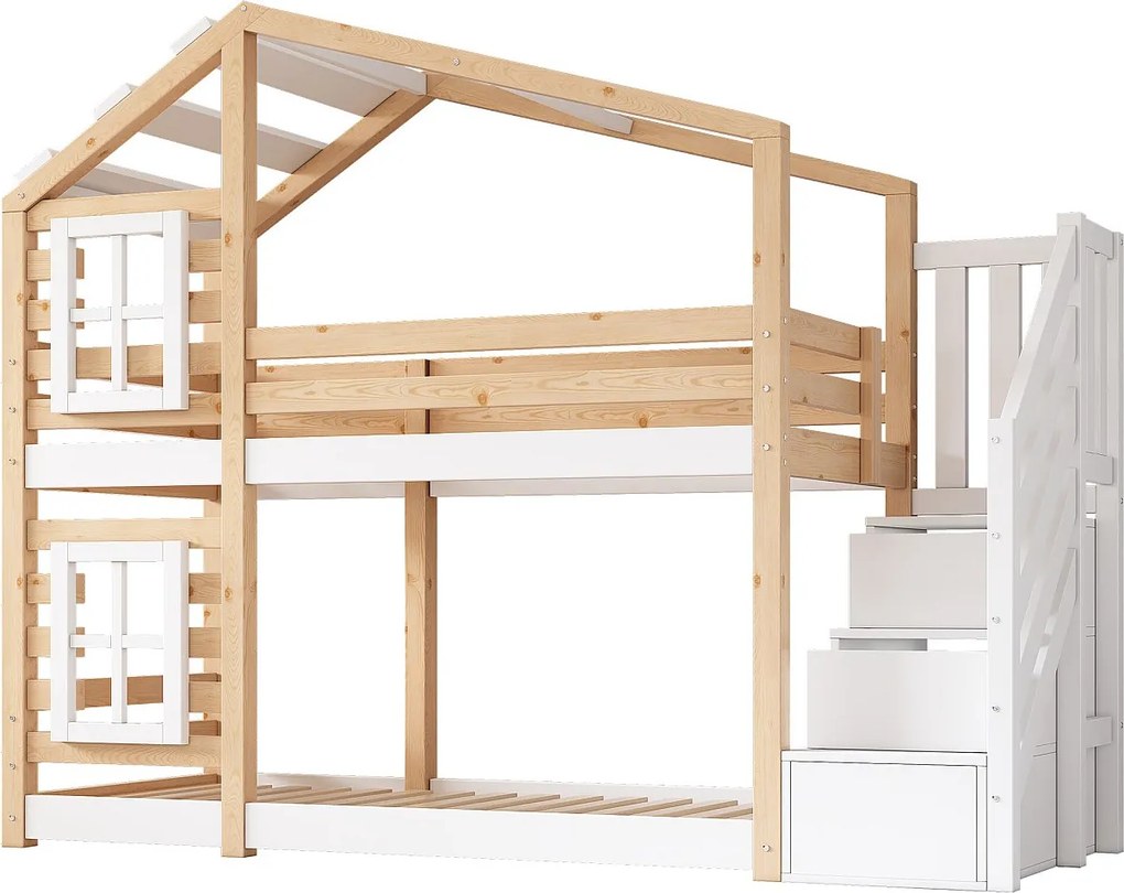 Łóżko piętrowe 90x200cm z litego drewna - z barierkami przeciwupadkowymi i schodami do przechowywania - Naturalne i Białe