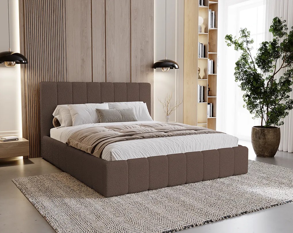 BESILIO Sypialnia łóżko slim 200x200 Lexy - stelaż metalowy, pojemnik na pościel, slim łóżko, tkanina boucle - Brązowy