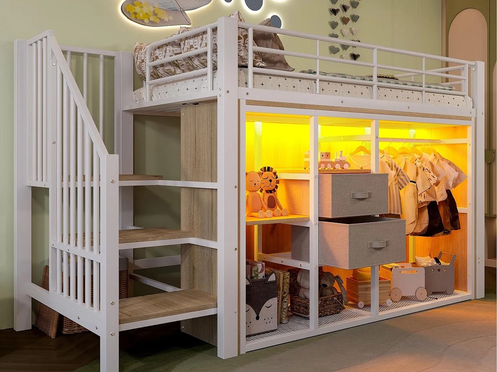Łóżko na antresoli 90x200 cm - z 2 szufladami - otwarta szafa - z oświetleniem LED - przegrody przechowawcze - biały (materac nie jest dołączony)