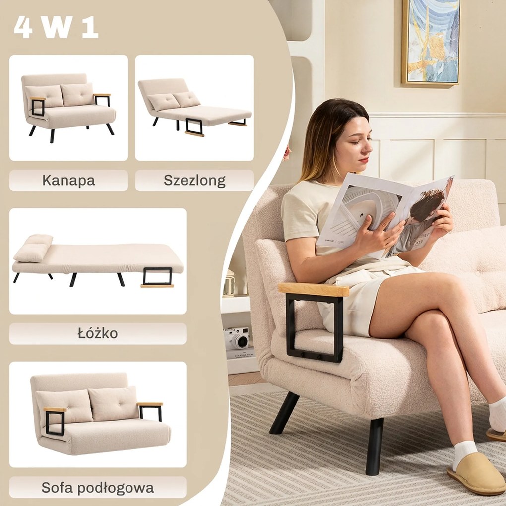 HOMCOM Sofa rozkładana 2-osobowa, sofa welurowa, funkcja spania, w zestawie 2 poduszki, wygląd weluru, Naturalny + Beżowy + Czarny | Aosom PL