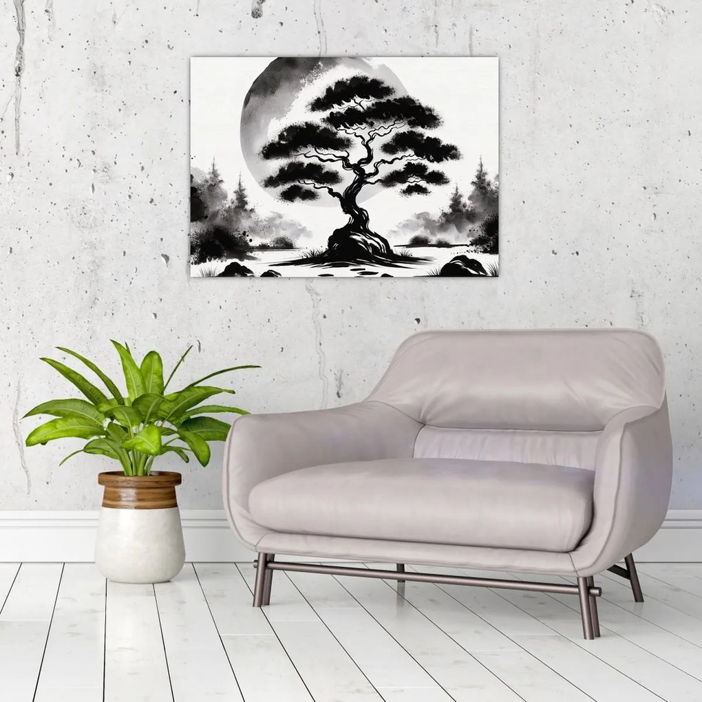 Obraz na szkle – Czarno-biały bonsai (70x50 cm)