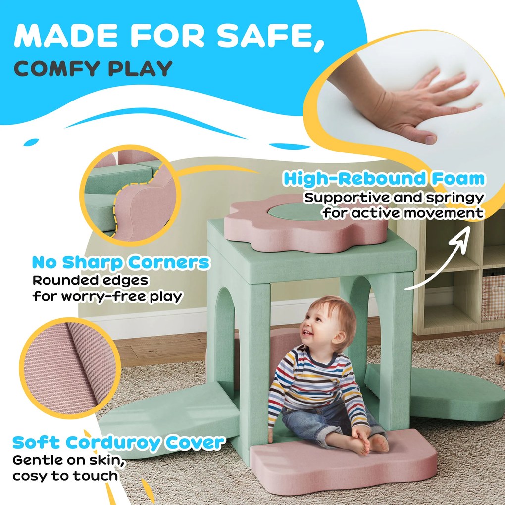 AIYAPLAY 12-częściowy zestaw klocków piankowych do wspinaczki, budowania, pełzania, maty do zabawy w pomieszczeniach z pokryciem z weluru, Zielony+Różowy