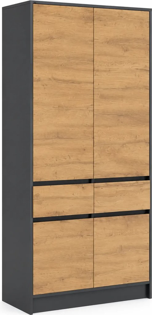 Modułowa szafa dwudrzwiowa 100 cm z szufladami antracyt + dąb wotan L4-N89