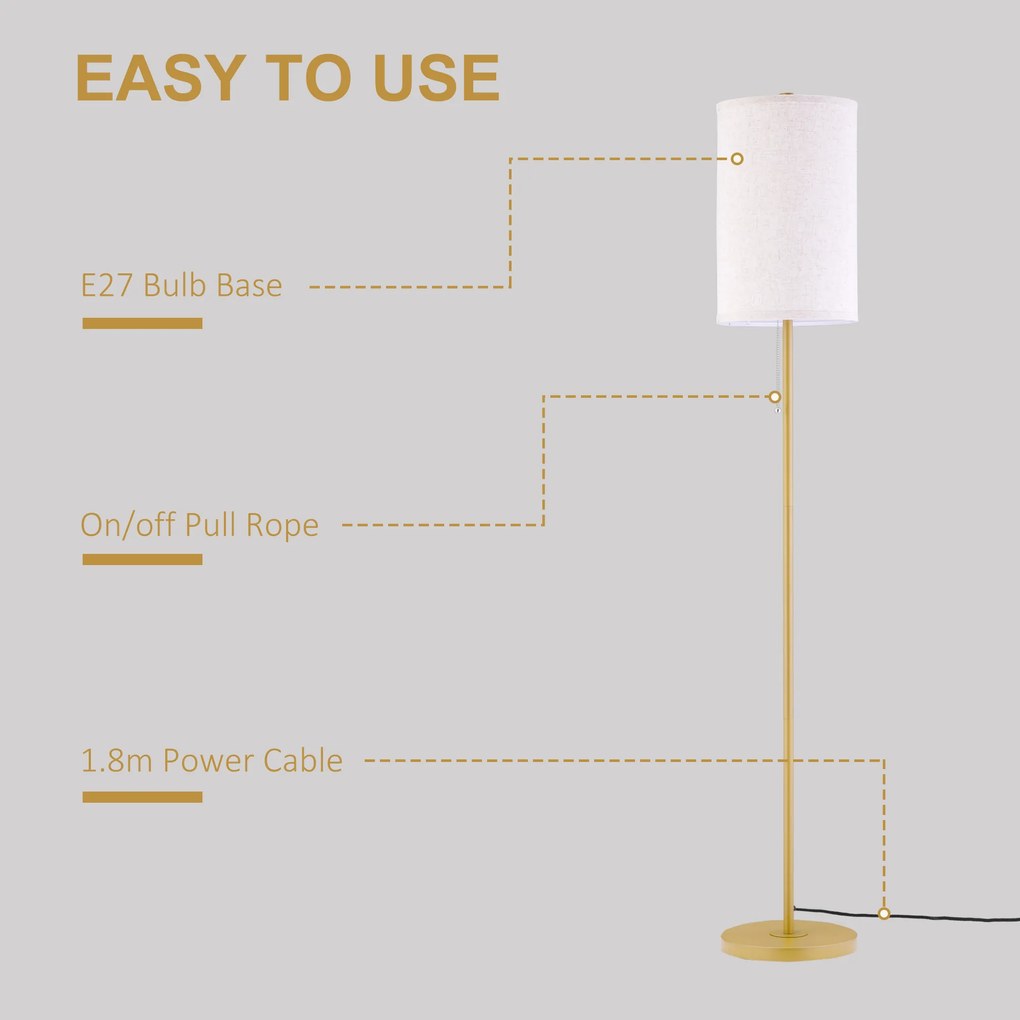 HOMCOM Lampa Stojąca, Elegancka Lampa Podłogowa ze Stali z Abażurem z Tkaniny, Lampa do Salonu, Przełącznik na Łańcuszku, Złoto+Biały