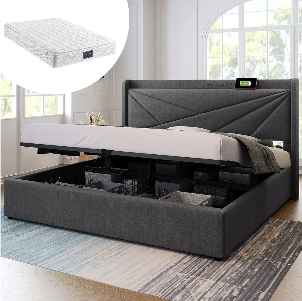 Łóżko ze schowkiem 160 x 200 cm z zagłówkiem - USB + typ C - Tkanina lniana - szare + Materac