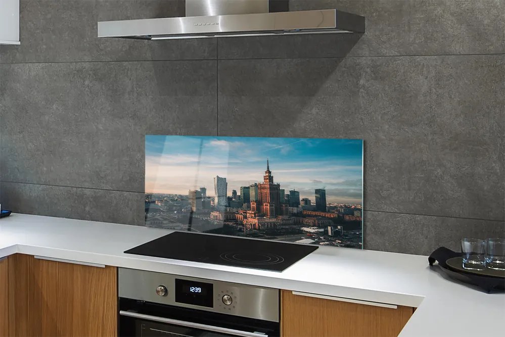 Panel szklany do Kuchni Wieżowce Warszawy o Wschodzie Słońca