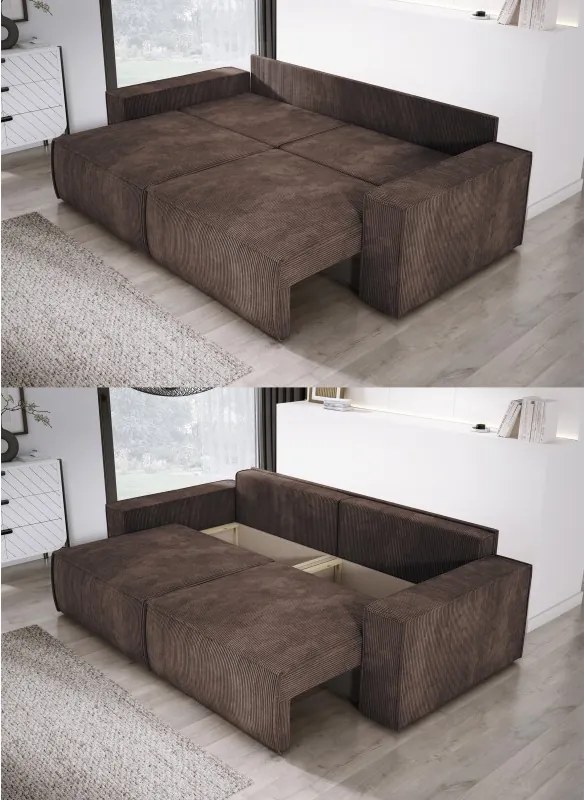 Kanapa KASJO Prawostronny Sofo-Narożnik z funkcją spania i poduszkami, 2x pojemnik POSO 006 Brązowy DOMOHOME