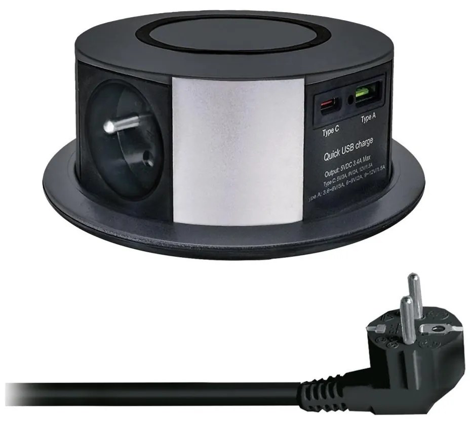 Solight PP120CW-PD20-B - słupek z gniazdami do blatu z Qi, 3x230V, USB-A, USB-C