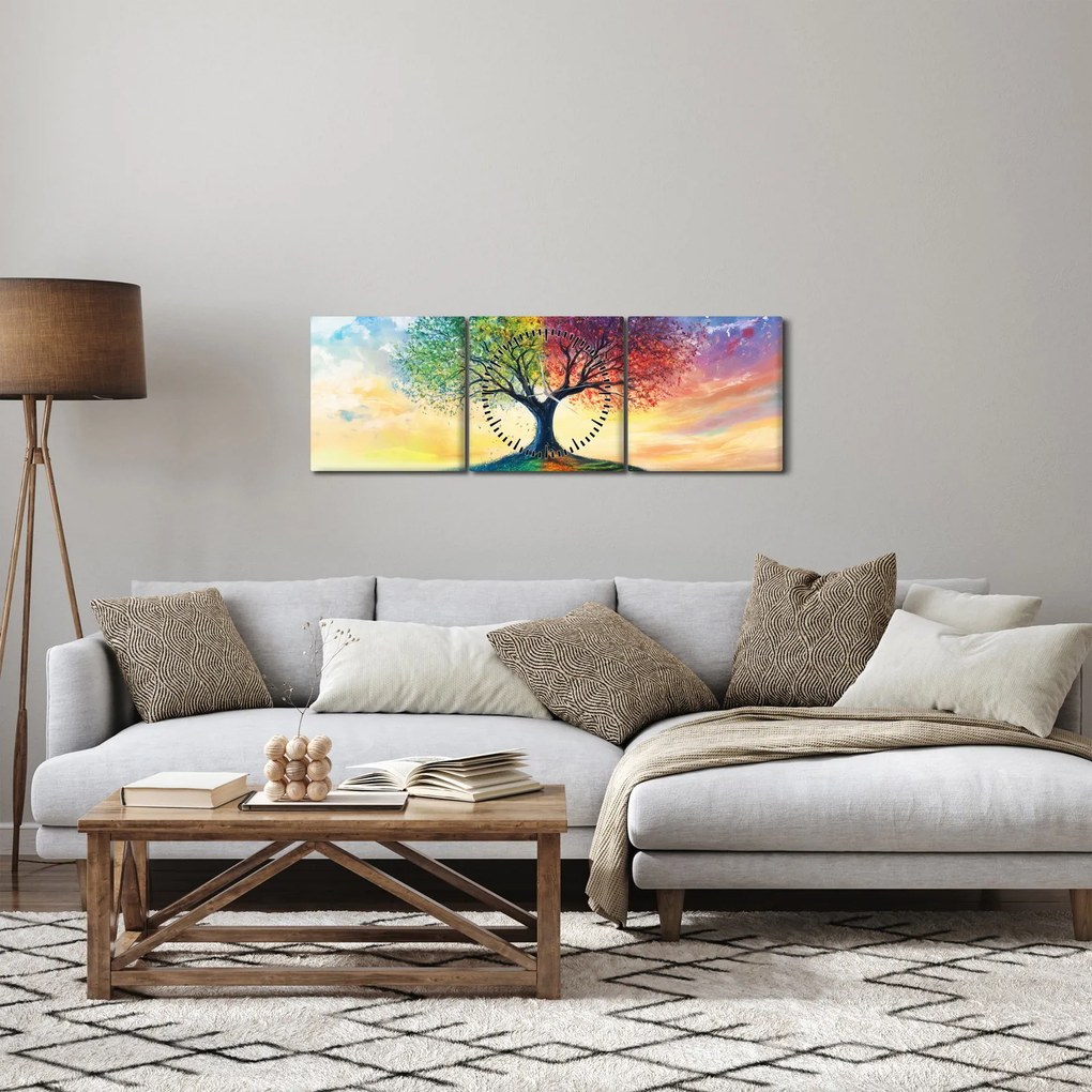 Obraz – Malowane drzewo czterech pór roku (z zegarem) (90x30 cm)