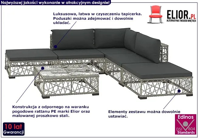 6-częściowy szary komplet wypoczynkowy na taras - Dehab 6E