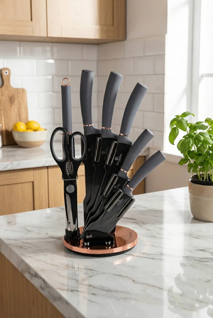 Elegancki srebrny zestaw 5 noży z czarnym ostrzem B4-L03