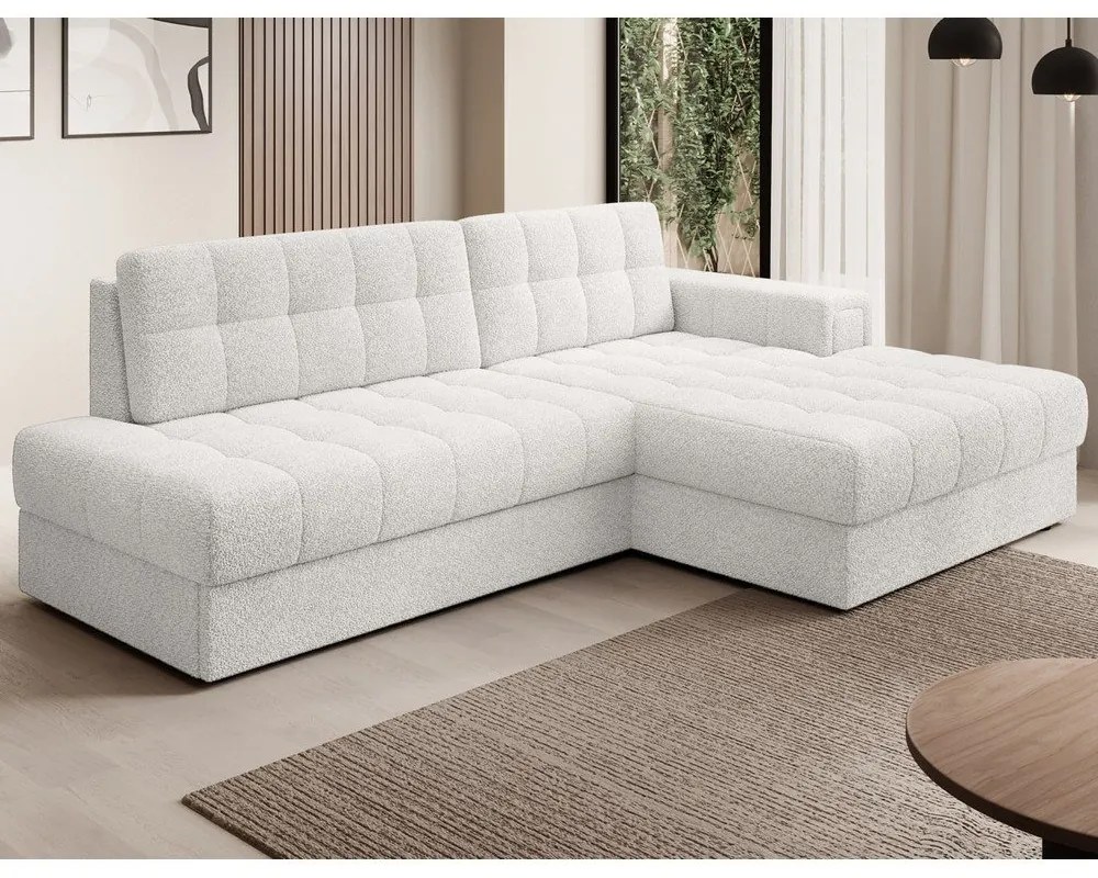 Kremowy rozkładany narożnik z materiału bouclé (prawostronny/z szezlongiem) Blezalt – ELTAP