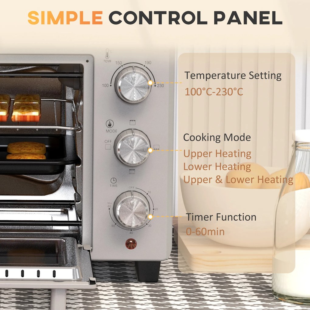 HOMCOM Minipiekarnik 21L, 3 Tryby Gotowania, 100°C-230°C, Ruszt &amp; Blacha, Stal Nierdzewna/Szkło, Srebrny