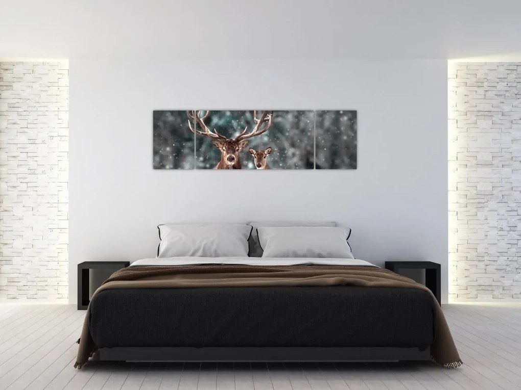 Obraz - Jeleń i łania w zaśnieżonym lesie (170x50 cm)