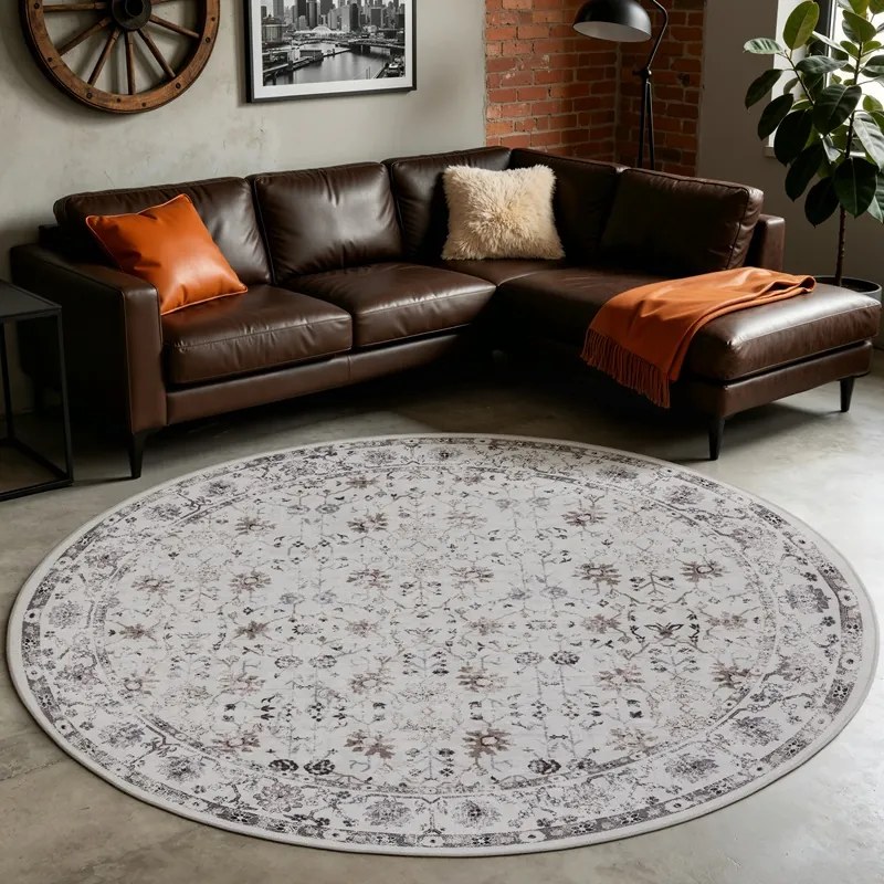 Dywan vintage INKA Floral z Efektem Postarzenia Kremowy koło 160 cm x 160 cm