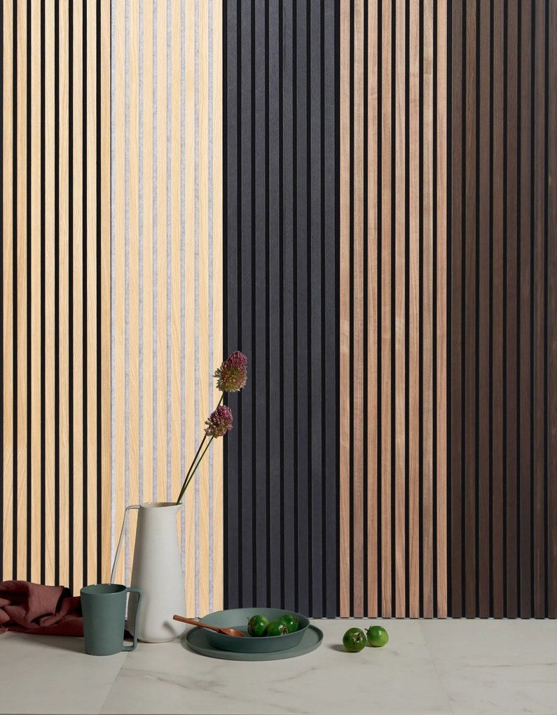 Drewniany panel akustyczny, 2400 x 600 mm, szary podkład, dąb