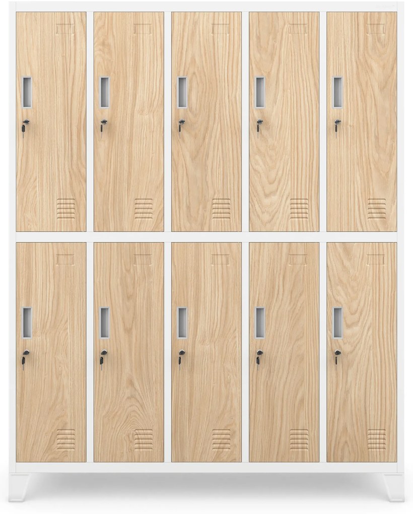 Szafa socjalna ubraniowa 10-drzwiowa biała/dąb sonoma, 1360x1720x450 mm: BARTEK Eco Design