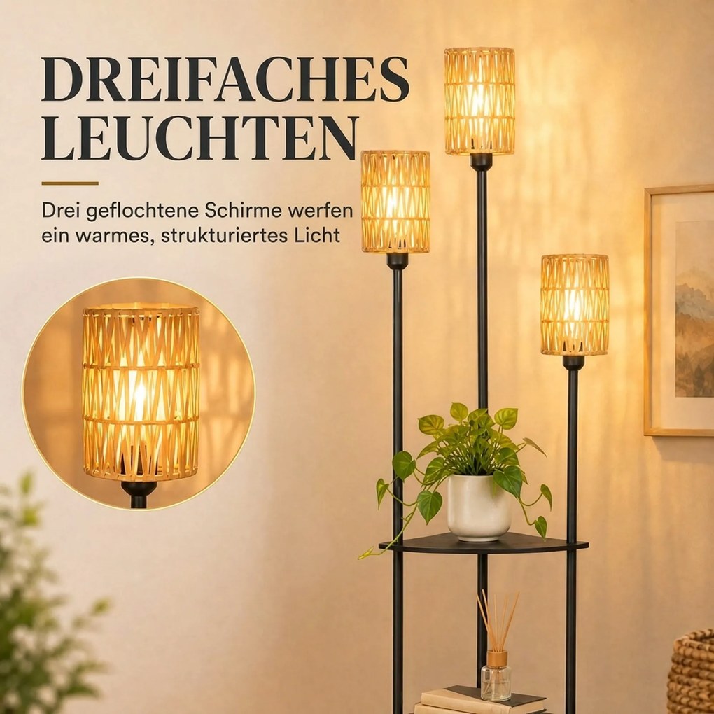 HOMCOM Lampa stojąca Boho 3-płomienna, 3 półki, klosz z papierowego sznura, czarna | Aosom PL