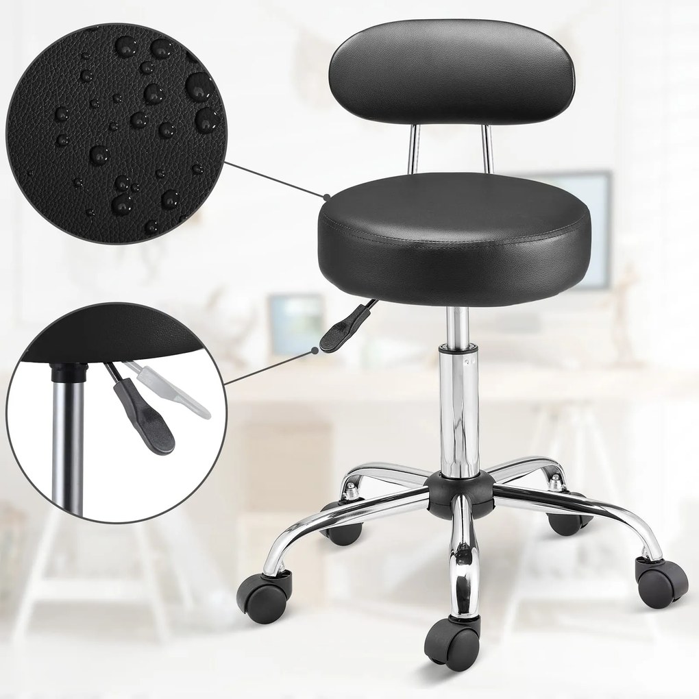 Taboretka na kółkach z oparciem ROLAND, Ø35cm, czarna Casaria