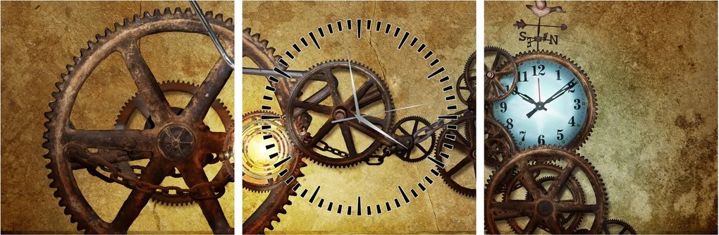 Obraz starych mechanizmów zegarowych (z zegarem) (90x30 cm)