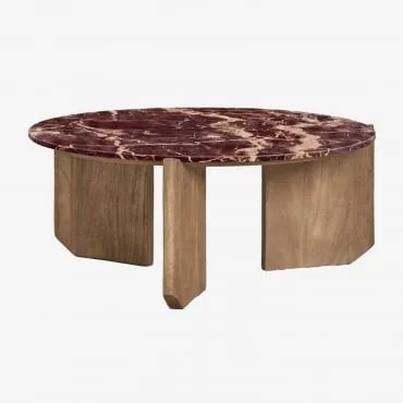 Okrągły Stolik Kawowy Z Naturalnego Kamienia I Drewna Mango Lavinia Czerwony Marmur Cherry Gold & Drewno Mango & Ø70 Cm - Sklum