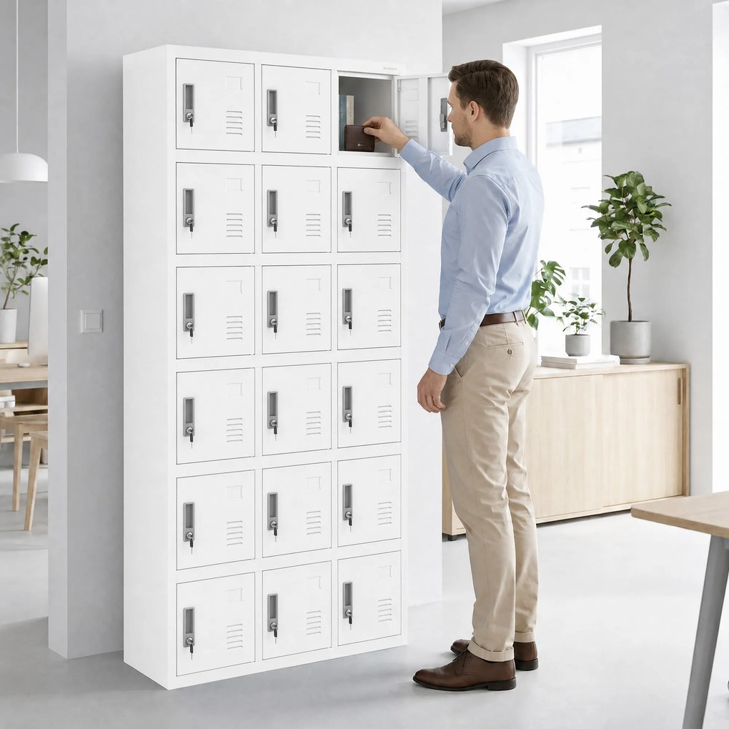 Szafka pracownicza skrytkowa 18-skrytkowa biała, 900x1850x400 mm: KAROL