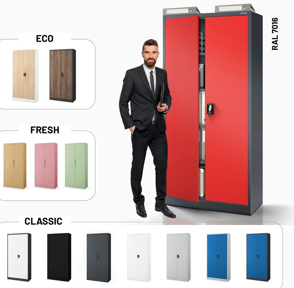 Szafa na dokumenty biurowa metalowa antracytowo-czerwona: JAN H, 900 x 1950 x 400 mm