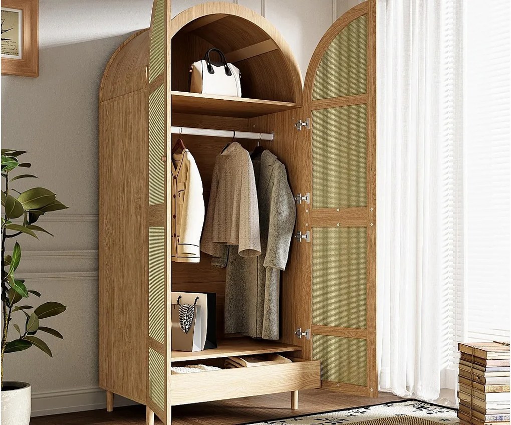 Nowoczesna szafa 80x50x179 cm - 2 drzwi łukowe i 1 szuflada - Wieszak i półki - Z rattanu - MDF - Kolor naturalny