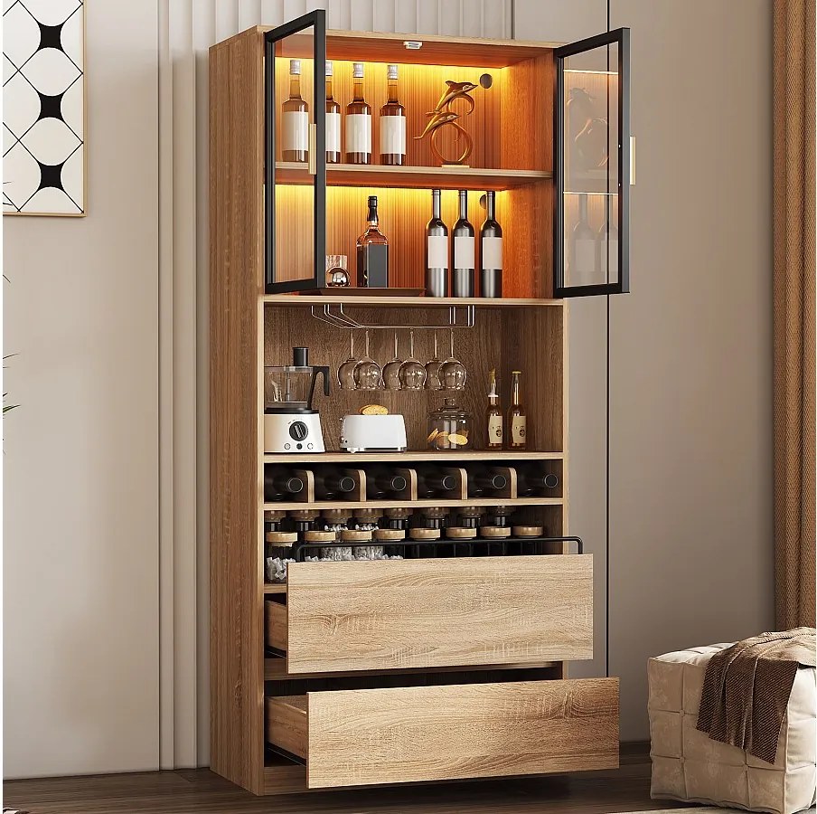 Szafka barowa - 80 x 40 x 180 cm - z 2 szklanymi drzwiami + diodami LED + 2 szuflady - MDF - naturalny