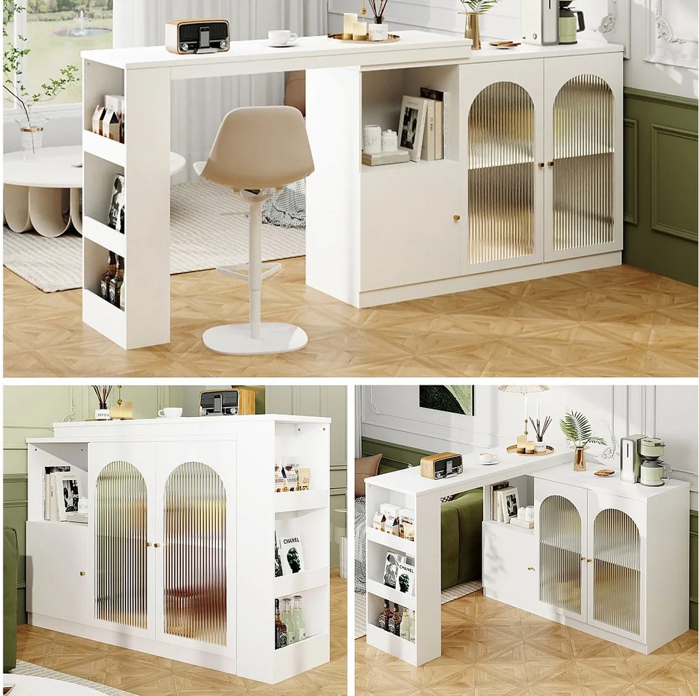 Szafka obrotowa z 3 drzwiami i półkami do przechowywania - MDF, drewno i szkło - do jadalni lub salonu - biała