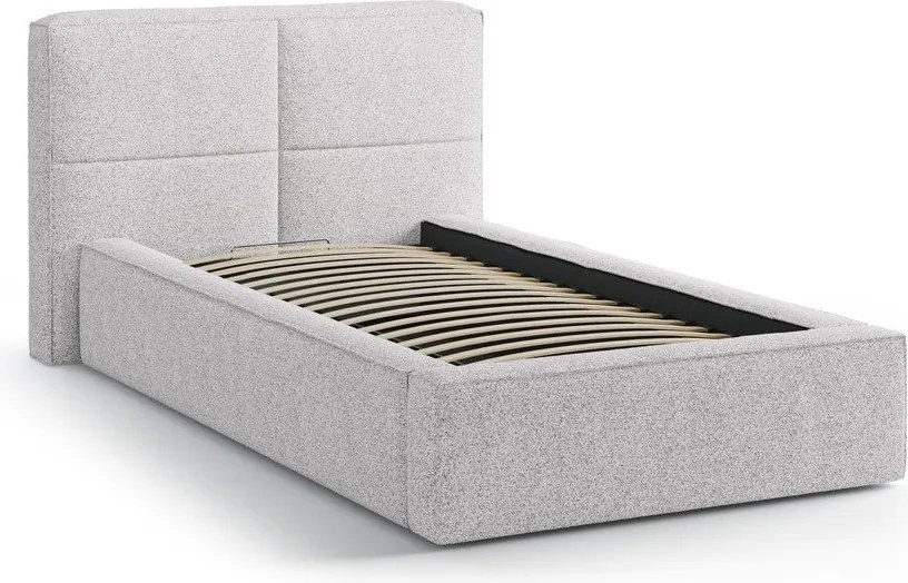 Jasnoszare tapicerowane łóżko jednoosobowe ze schowkiem i stelażem 90x200 cm Darren – Micadoni