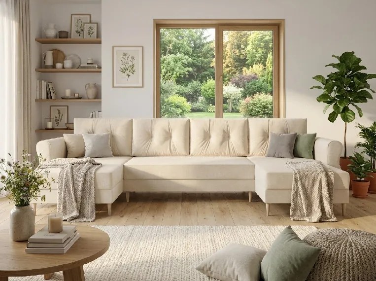 Rozkładana sofa w kształcie U SILVIANO 300x140 cm, kremowa + 2 poduszki GRATIS