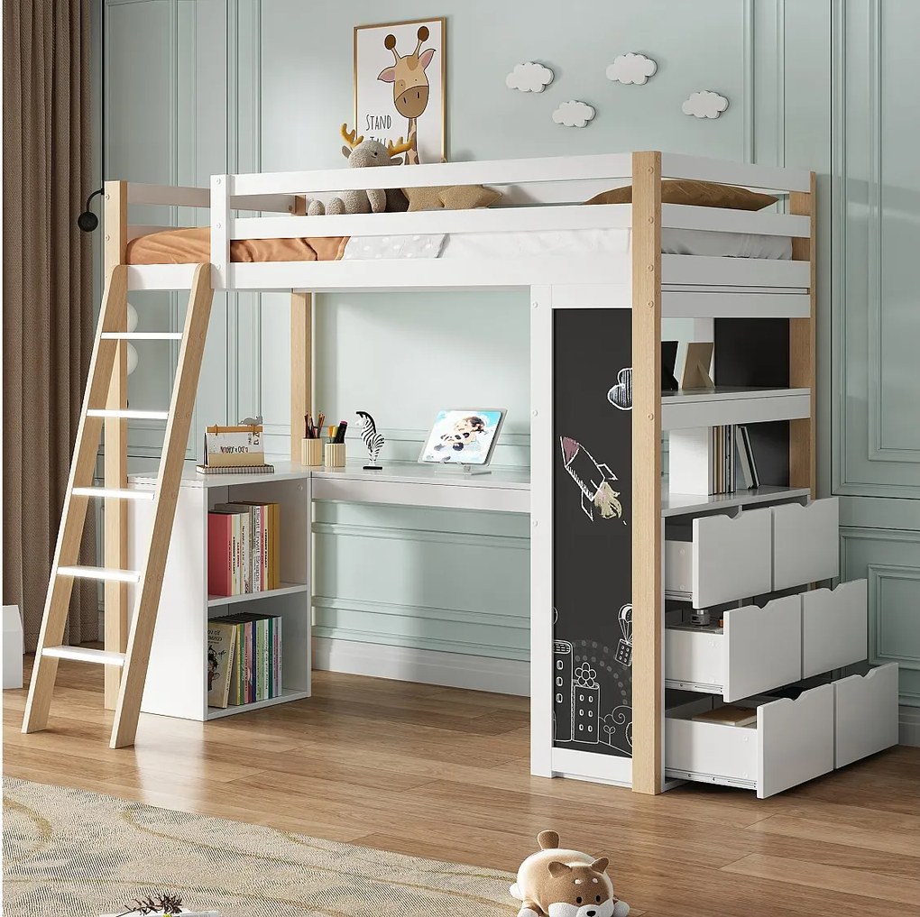 Łóżko piętrowe 90 x 200 cm z biurkiem narożnym, 6 szufladami i półką - Drewno lite + MDF - Biały + naturalny (bez materaca)