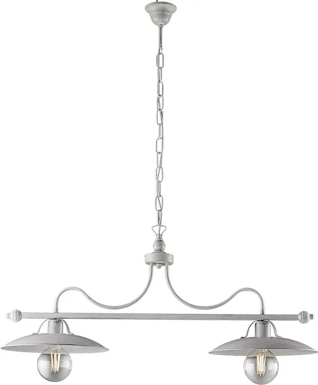 Żyrandol piwniczny z lakierowanego na biało żelaza z antyczną srebrną dekoracją, 2 lampy, dł. 87 x 30 cm, BL234-2-BA