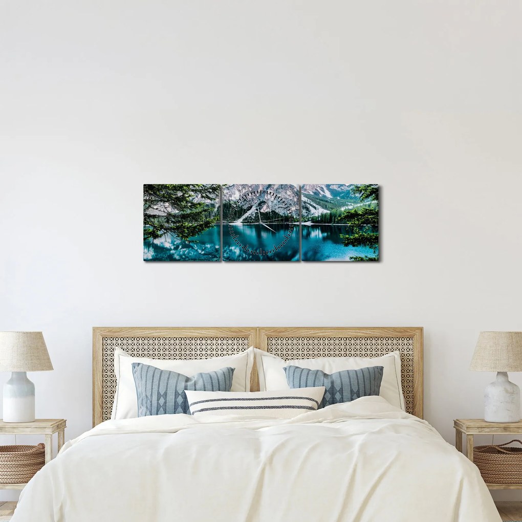 Obraz jeziora w Alpach (z zegarem) (90x30 cm)